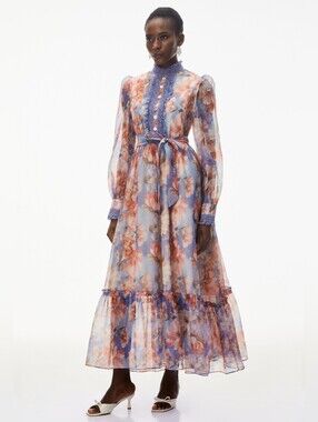 Beulah Lavender and Coral Floral Lace-Trim Maxi Dress